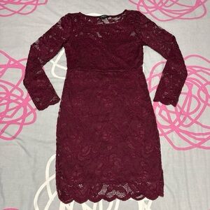 Ambiance Burgundy Lace Long Sleeve Sweetheart Neckline Mini Dress